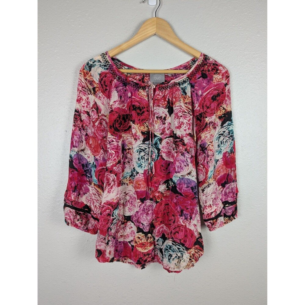 Vanessa‎ Virginia Blouse Womens Medium Floral Silk Peasant Boho Top Pink Purple